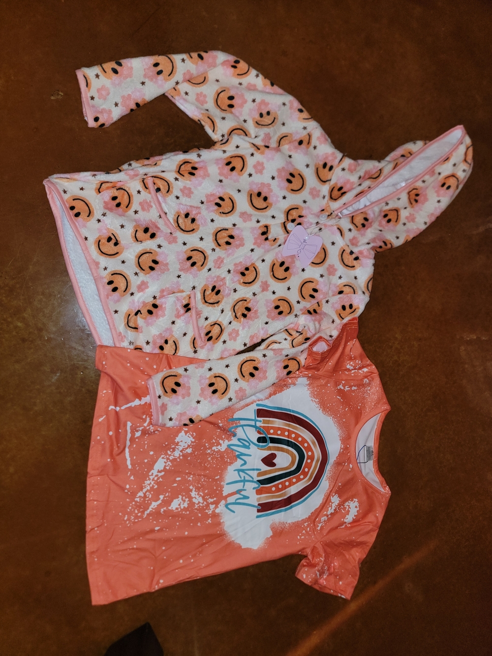 Girls Smiley Face Hooded Jacket & Rainbow Tee. Size 10